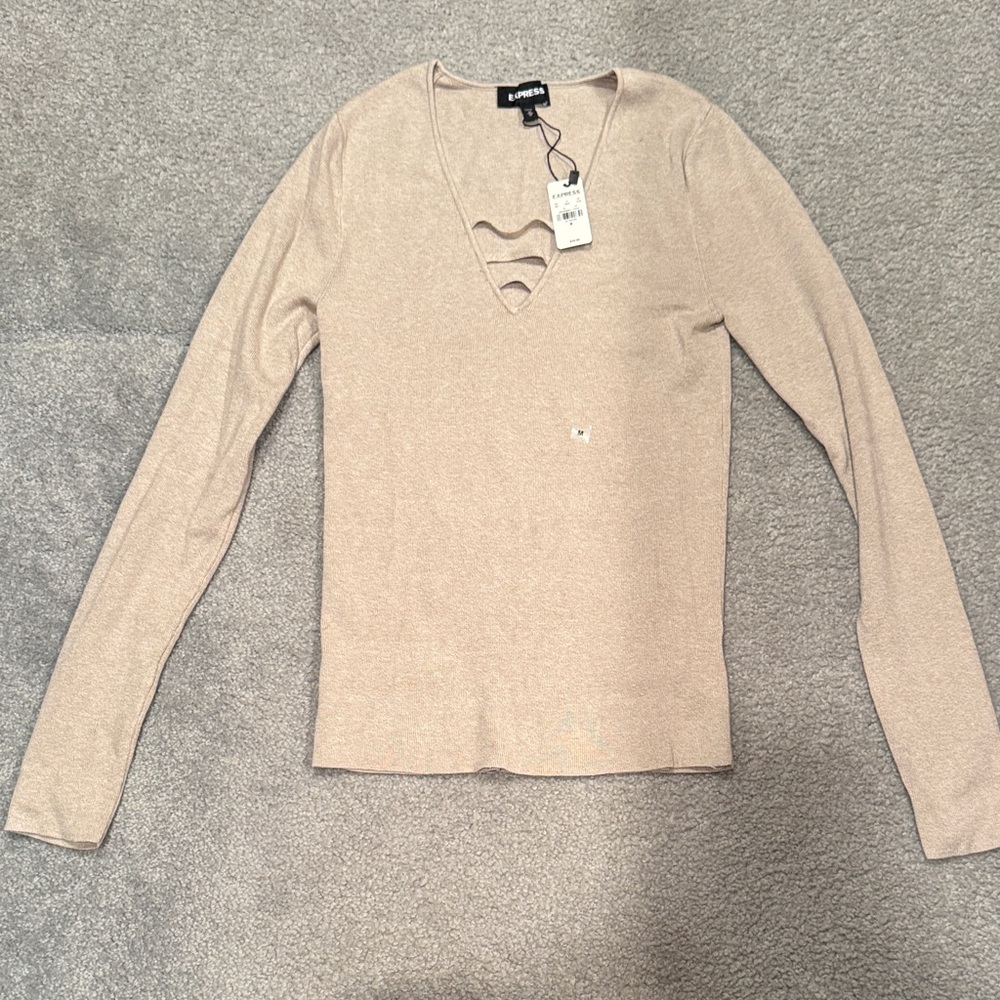 Express Beige V-Neck Long Sleeve Blouse
